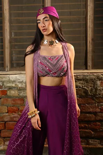 Lavender & Purple Bralet + Asymmetric Pants +  Shimmer Jacket