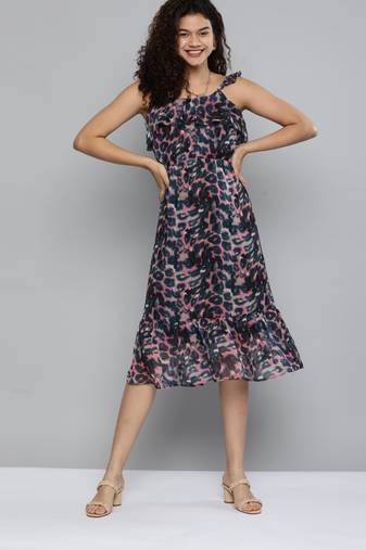 Blue printed chiffon maxi-dresses