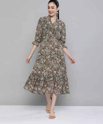 Olive printed georgette maxi-dresses 1