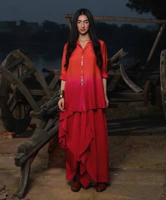 Orange & Dark Pink  Aymmetric Shirt Set 1