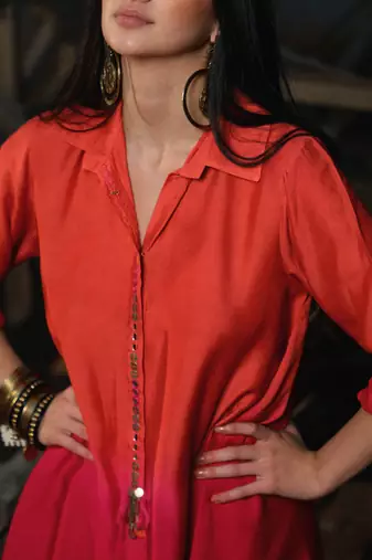 Orange & Dark Pink  Aymmetric Shirt Set