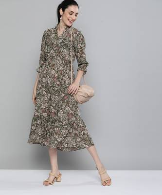 Olive printed georgette maxi-dresses 5