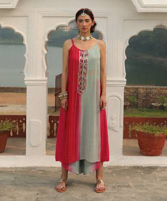 Sea Green & Dark Pink Long Slit Tunic Set 1