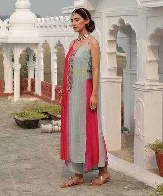 Sea Green & Dark Pink Long Slit Tunic Set 2