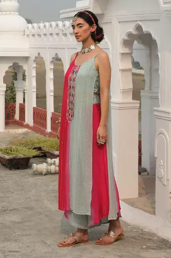 Sea Green & Dark Pink Long Slit Tunic Set