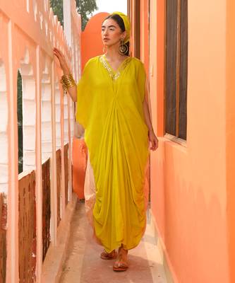 Neon Yellow & Champagne Tuck Kaftan 1