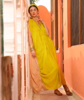 Neon Yellow & Champagne Tuck Kaftan 2