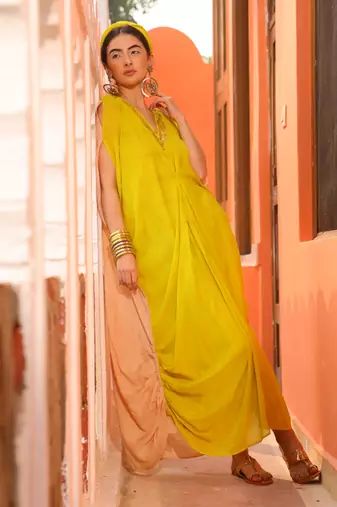 Neon Yellow & Champagne Tuck Kaftan