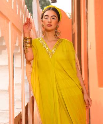 Neon Yellow & Champagne Tuck Kaftan 4