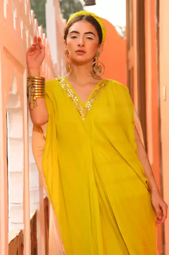 Neon Yellow & Champagne Tuck Kaftan