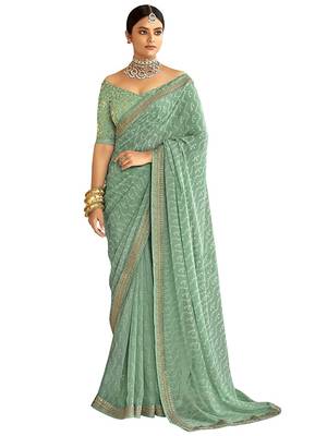 Trendmalls Heavy Designer Georgette Light Green Party Wear Saree With Blouse 1