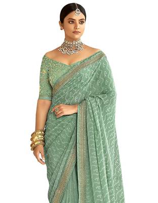 Trendmalls Heavy Designer Georgette Light Green Party Wear Saree With Blouse 2