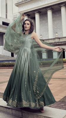 PISTA GREEN THREAD AND SEQUINCE EMBROIDERED WORK CHINON CHIFFON ANARKALI LONG GOWN SEMI STITCHED 1