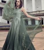 PISTA GREEN THREAD AND SEQUINCE EMBROIDERED WORK CHINON CHIFFON ANARKALI LONG GOWN SEMI STITCHED