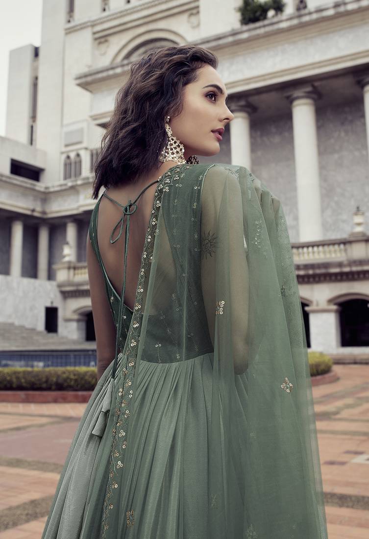 PISTA GREEN THREAD AND SEQUINCE EMBROIDERED WORK CHINON CHIFFON ANARKALI LONG GOWN SEMI STITCHED