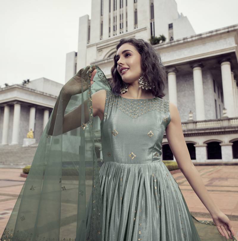 PISTA GREEN THREAD AND SEQUINCE EMBROIDERED WORK CHINON CHIFFON ANARKALI LONG GOWN SEMI STITCHED
