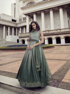 PISTA GREEN THREAD AND SEQUINCE EMBROIDERED WORK CHINON CHIFFON ANARKALI LONG GOWN SEMI STITCHED 4