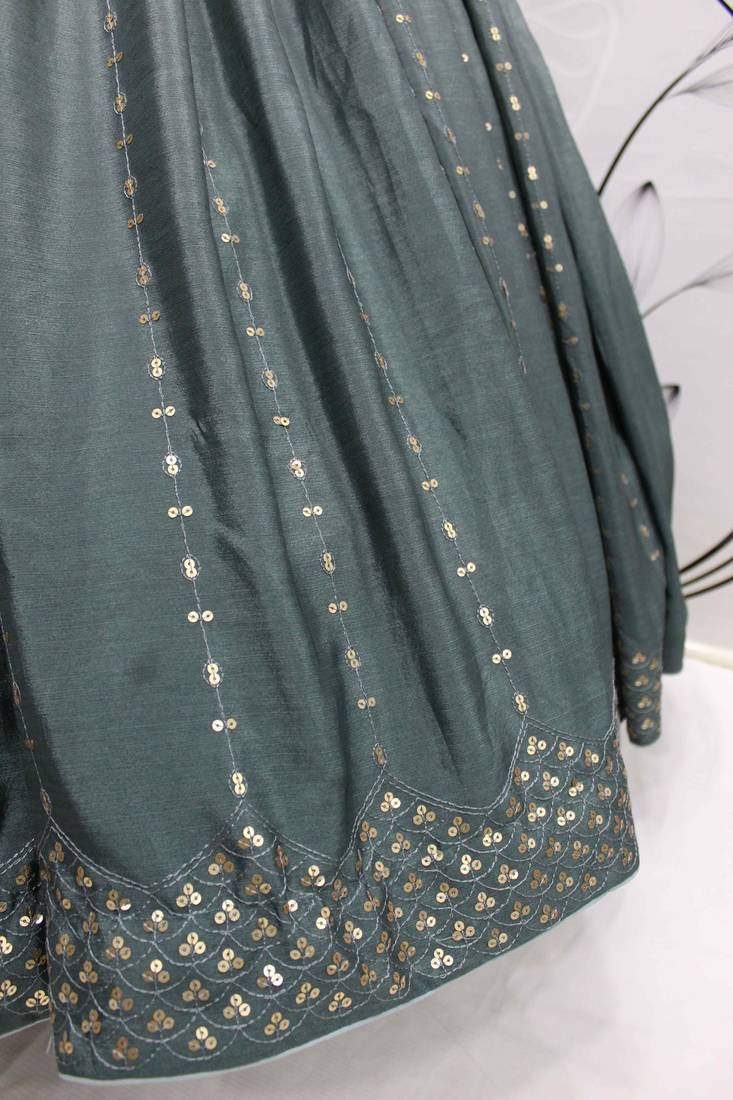 PISTA GREEN THREAD AND SEQUINCE EMBROIDERED WORK CHINON CHIFFON ANARKALI LONG GOWN SEMI STITCHED