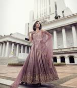 LIGHT PINK THREAD AND SEQUINCE EMBROIDERED WORK CHINON CHIFFON ANARKALI LONG GOWN SEMI STITCHED