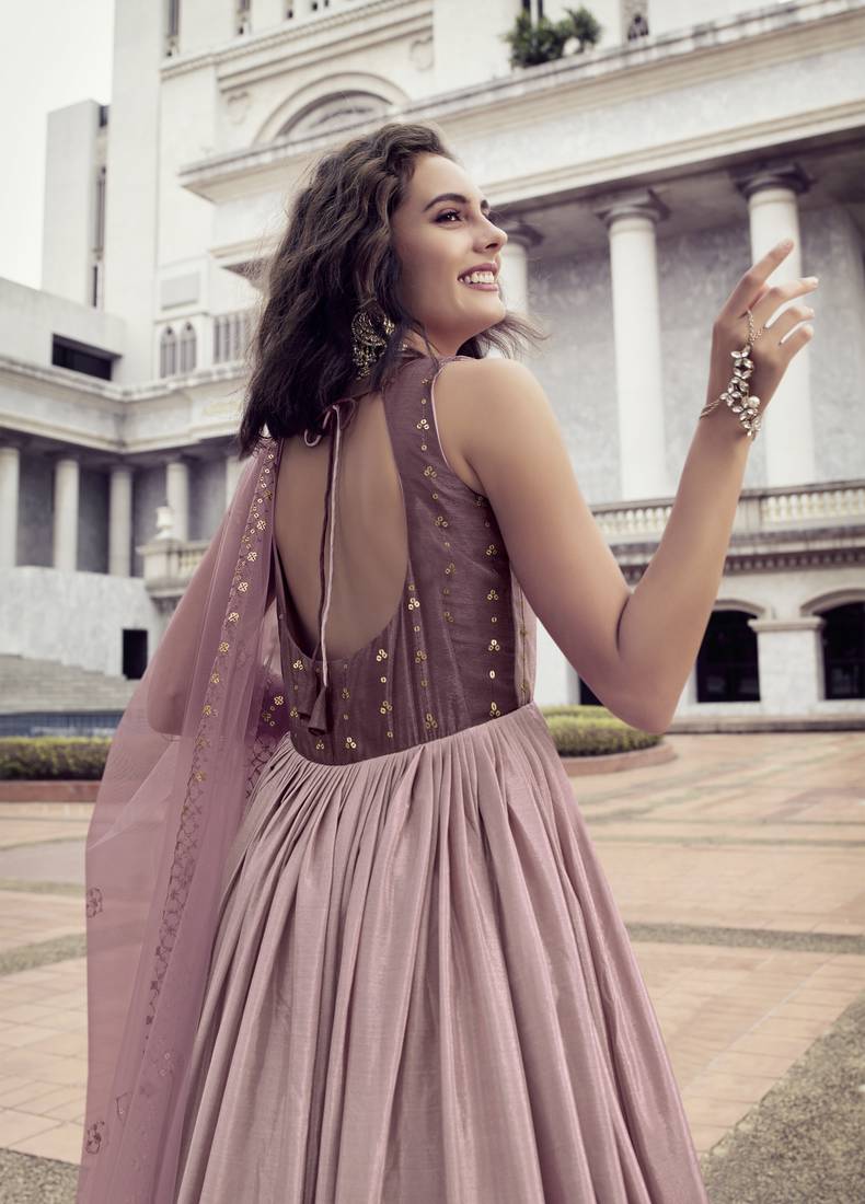 LIGHT PINK THREAD AND SEQUINCE EMBROIDERED WORK CHINON CHIFFON ANARKALI LONG GOWN SEMI STITCHED