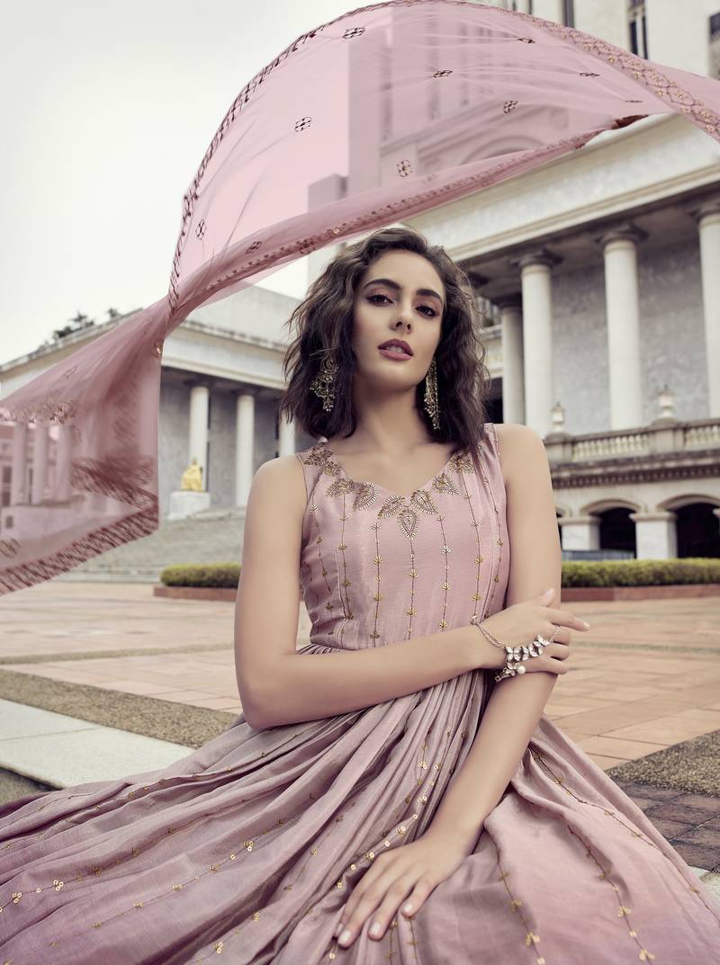 LIGHT PINK THREAD AND SEQUINCE EMBROIDERED WORK CHINON CHIFFON ANARKALI LONG GOWN SEMI STITCHED