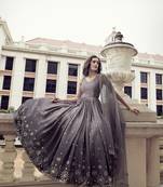 DUSTY PURPLE THREAD AND SEQUINCE EMBROIDERED WORK CHINON CHIFFON ANARKALI LONG GOWN SEMI STITCHED