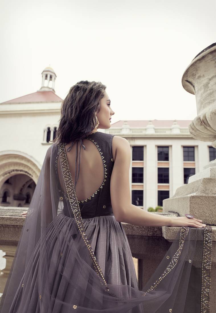 DUSTY PURPLE THREAD AND SEQUINCE EMBROIDERED WORK CHINON CHIFFON ANARKALI LONG GOWN SEMI STITCHED