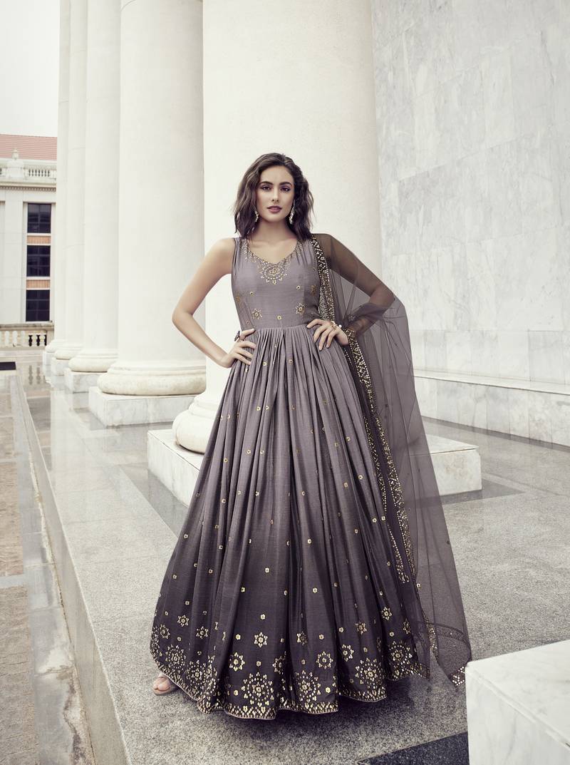 DUSTY PURPLE THREAD AND SEQUINCE EMBROIDERED WORK CHINON CHIFFON ANARKALI LONG GOWN SEMI STITCHED