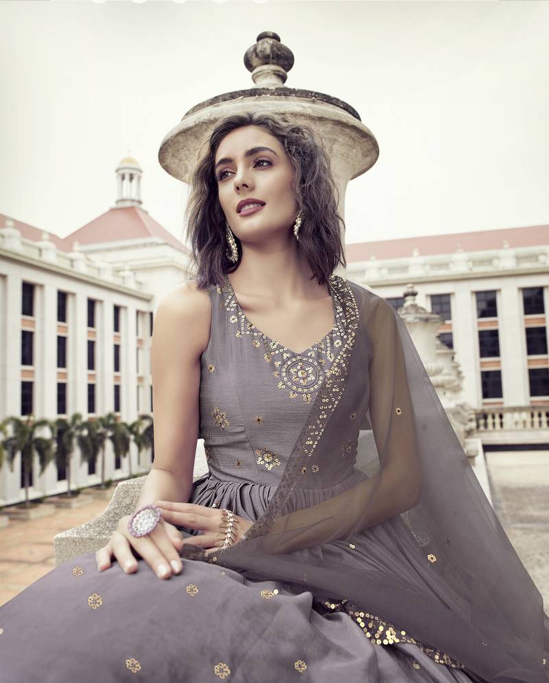 DUSTY PURPLE THREAD AND SEQUINCE EMBROIDERED WORK CHINON CHIFFON ANARKALI LONG GOWN SEMI STITCHED