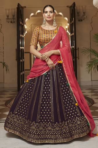 PURPLE THREAD AND SEQUINS EMBROIDERED GEORGETTE FESTIVE & PARTY WEAR SEMI STITCHED LEHENGA