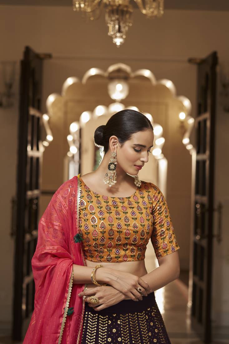 PURPLE THREAD AND SEQUINS EMBROIDERED GEORGETTE FESTIVE & PARTY WEAR SEMI STITCHED LEHENGA