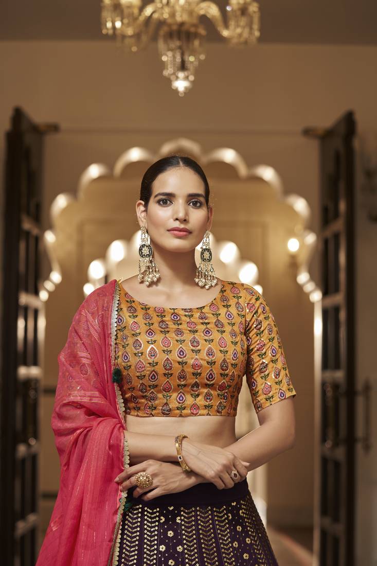 PURPLE THREAD AND SEQUINS EMBROIDERED GEORGETTE FESTIVE & PARTY WEAR SEMI STITCHED LEHENGA