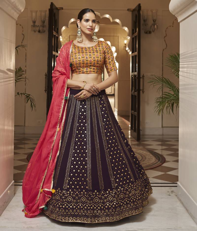 PURPLE THREAD AND SEQUINS EMBROIDERED GEORGETTE FESTIVE & PARTY WEAR SEMI STITCHED LEHENGA