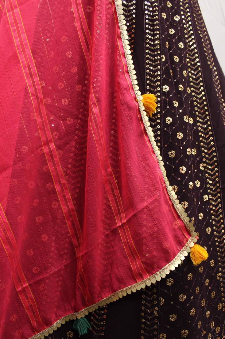 PURPLE THREAD AND SEQUINS EMBROIDERED GEORGETTE FESTIVE & PARTY WEAR SEMI STITCHED LEHENGA