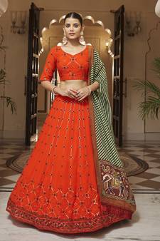 ORANGE THREAD AND SEQUINS EMBROIDERED GEORGETTE FESTIVE & PARTY WEAR SEMI STITCHED LEHENGA