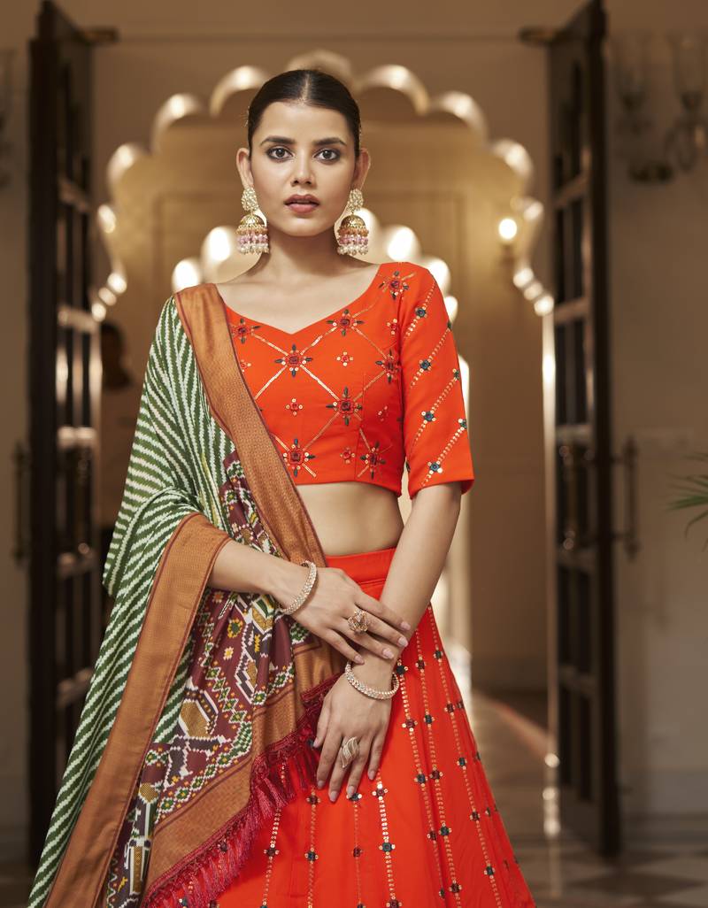 ORANGE THREAD AND SEQUINS EMBROIDERED GEORGETTE FESTIVE & PARTY WEAR SEMI STITCHED LEHENGA