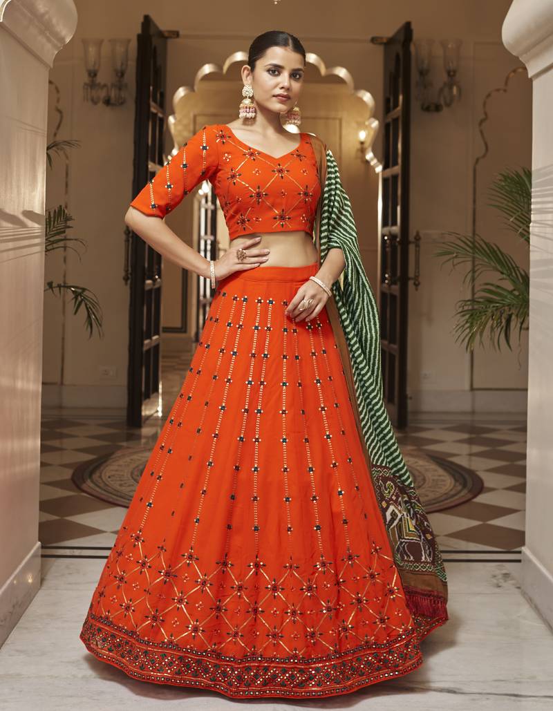 ORANGE THREAD AND SEQUINS EMBROIDERED GEORGETTE FESTIVE & PARTY WEAR SEMI STITCHED LEHENGA