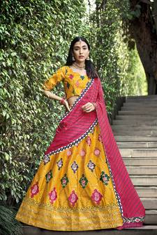 YELLOW THREAD AND SEQUINS EMBROIDERED GEORGETTE FESTIVE & PARTY WEAR SEMI STITCHED LEHENGA