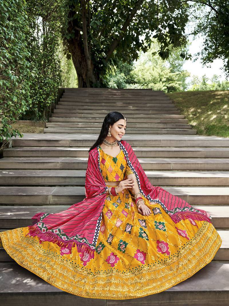 YELLOW THREAD AND SEQUINS EMBROIDERED GEORGETTE FESTIVE & PARTY WEAR SEMI STITCHED LEHENGA