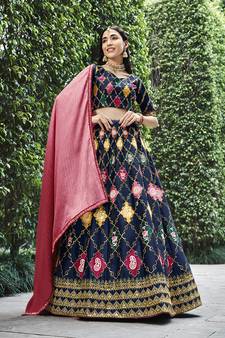 NAVY BLUE THREAD AND SEQUINS EMBROIDERED SILK FESTIVE & PARTY WEAR SEMI STITCHED LEHENGA