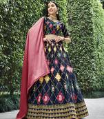 NAVY BLUE THREAD AND SEQUINS EMBROIDERED SILK FESTIVE & PARTY WEAR SEMI STITCHED LEHENGA