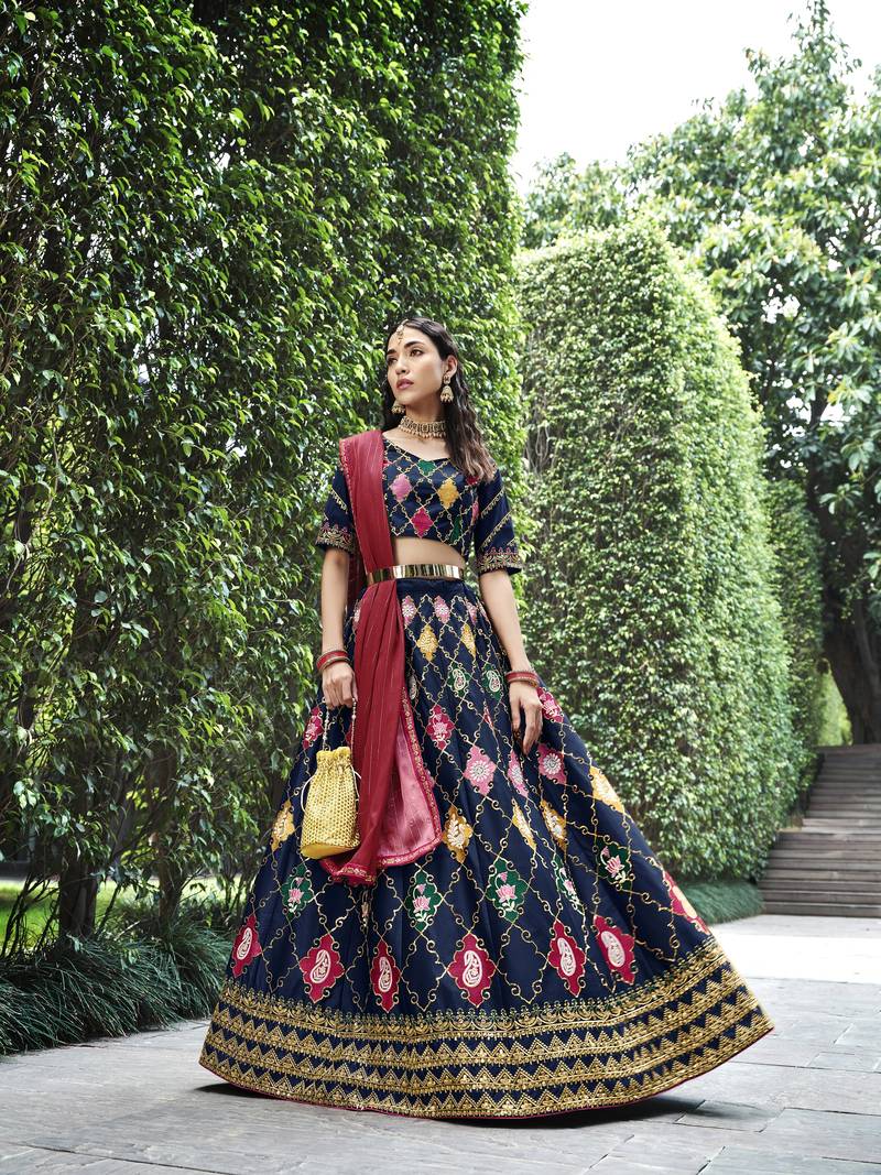 NAVY BLUE THREAD AND SEQUINS EMBROIDERED SILK FESTIVE & PARTY WEAR SEMI STITCHED LEHENGA