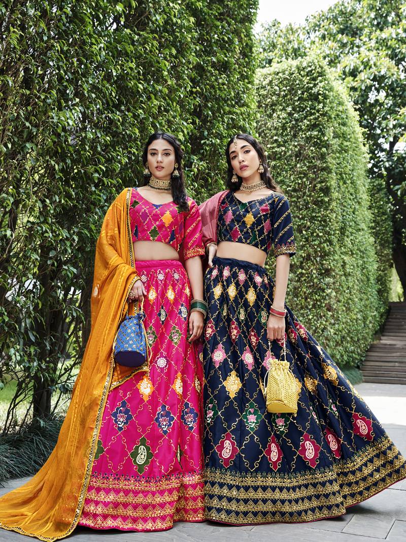 NAVY BLUE THREAD AND SEQUINS EMBROIDERED SILK FESTIVE & PARTY WEAR SEMI STITCHED LEHENGA