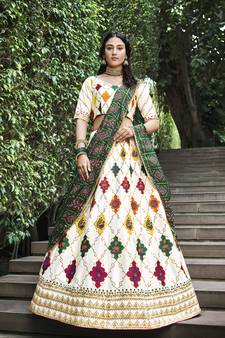 WHITE THREAD AND SEQUINS EMBROIDERED SILK FESTIVE & PARTY WEAR SEMI STITCHED LEHENGA