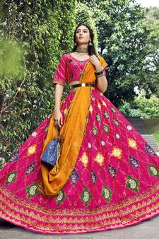 RANI PINK THREAD AND SEQUINS EMBROIDERED SILK FESTIVE & PARTY WEAR SEMI STITCHED LEHENGA