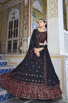 NAVY BLUE THREAD AND SEQUINS EMBROIDERED GEORGETTE FESTIVE & PARTY WEAR SEMI STITCHED LEHENGA