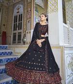 NAVY BLUE THREAD AND SEQUINS EMBROIDERED GEORGETTE FESTIVE & PARTY WEAR SEMI STITCHED LEHENGA