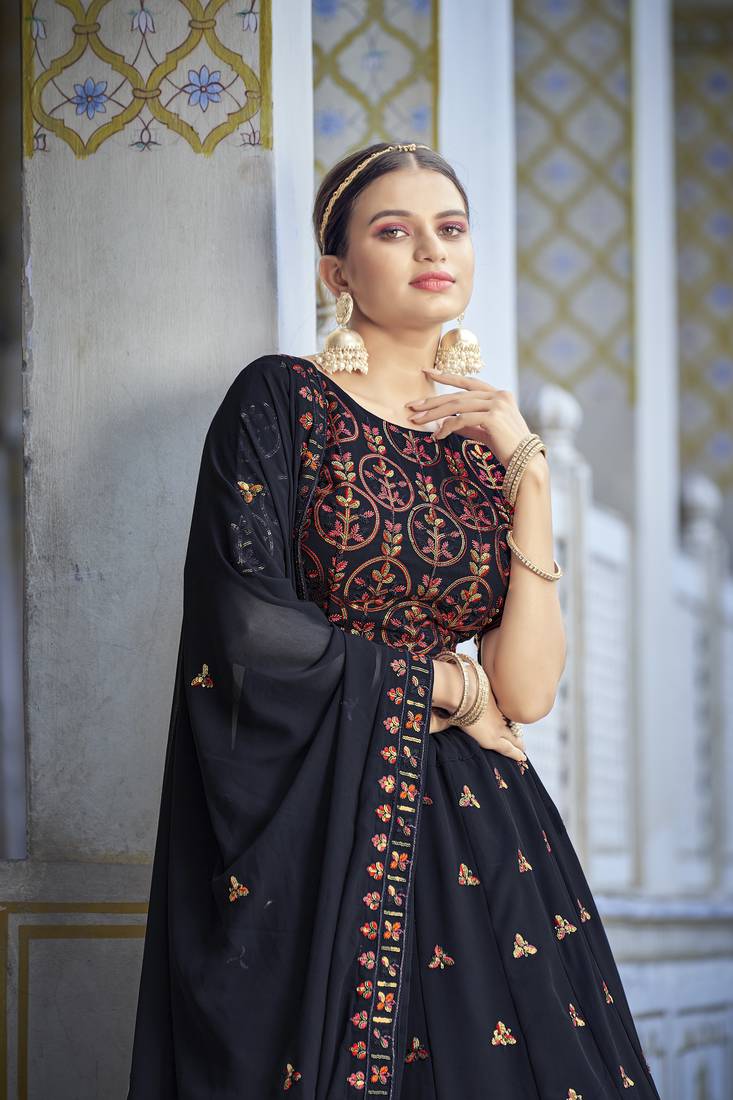 NAVY BLUE THREAD AND SEQUINS EMBROIDERED GEORGETTE FESTIVE & PARTY WEAR SEMI STITCHED LEHENGA