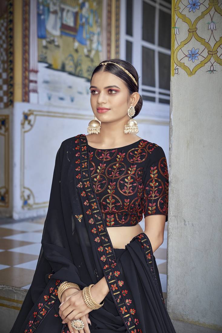 NAVY BLUE THREAD AND SEQUINS EMBROIDERED GEORGETTE FESTIVE & PARTY WEAR SEMI STITCHED LEHENGA