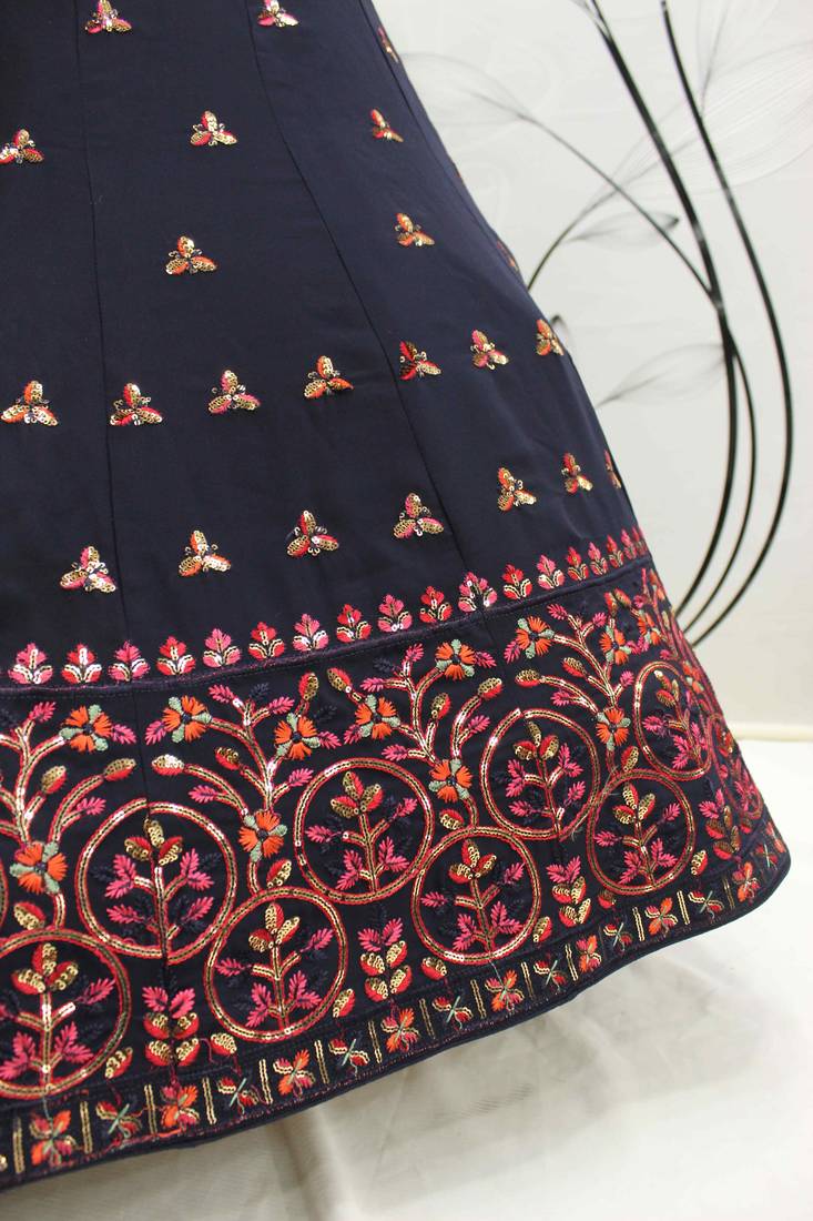 NAVY BLUE THREAD AND SEQUINS EMBROIDERED GEORGETTE FESTIVE & PARTY WEAR SEMI STITCHED LEHENGA